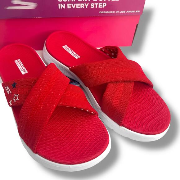 NEW Skechers Go Walk Flex Sandals Size 10 Patriotic Slip On Red Sparkles Flat - Picture 3 of 12